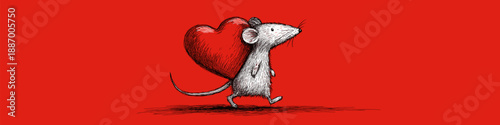 Cartoon gray rat running with a large red heart on a solid red background. Cute gray rat carrying red heart running