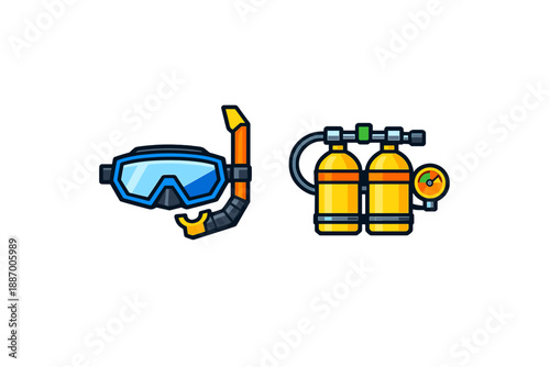 Diving gear including a snorkel mask and a scuba tank setup for underwater exploration and activities
