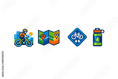 Bicycle rider uses map to navigate city streets while staying hydrated with water bottle during cycling activity