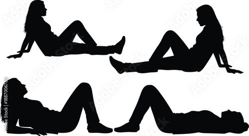 Set of female silhouette poses sitting and lying in relaxed positions, isolated on white background, concept of rest, lifestyle, wellness, yoga practice and calm body posture design
