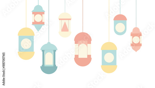 Pastel lanterns hanging decorative background flat style vector illustration for celebration and festive design