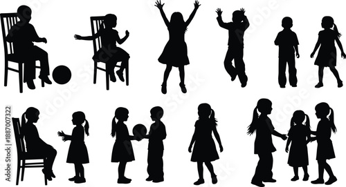 Black silhouettes of diverse children playing with balls sitting on chairs and jumping for childhood fun and early education concepts