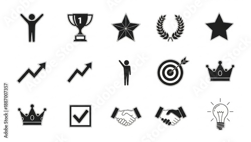A collection of black icons representing success, achievement, and leadership on a plain white background