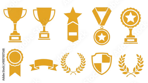 Collection of golden awards and achievement icons on a clean background displayed from a straightforward viewpoint