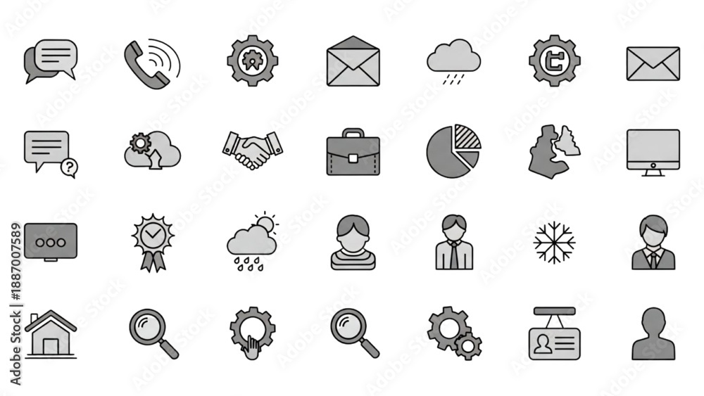 Fototapeta premium Collection of Business and Technology Icons Representing Various Concepts and Functions in a Simple Line Art Style