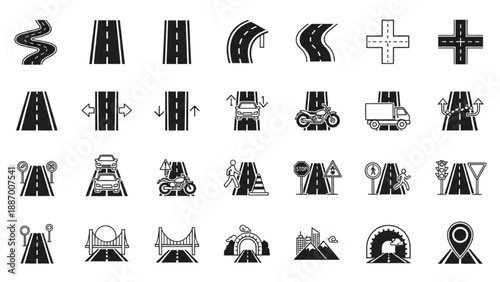 Collection of Various Road Signs and Symbols Illustrated in Black and White