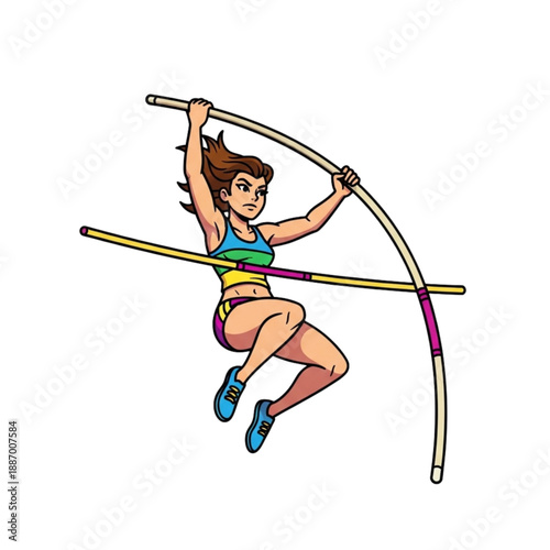 female pole vaulter jumping.  Athletic Woman Pole Vaulting, Dynamic Sports Illustration, Athlete Jumping High Over Bar, Track and Field Competition, Fitness Energy, Action Shot, Vector Art, Sporty Fem