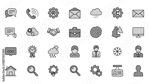 Collection of Business and Technology Icons Representing Various Concepts and Functions in a Simple Line Art Style