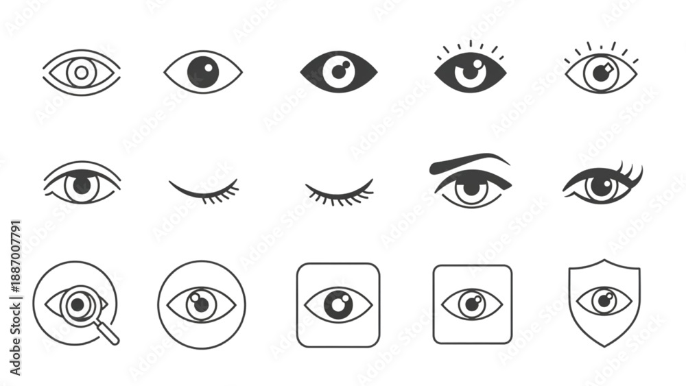 Obraz premium Collection of diverse eye icons in various styles and designs displayed together in a grid layout