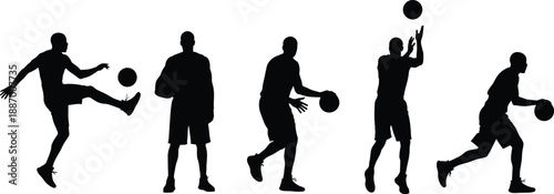 Silhouettes of athletes performing ball actions including kick, dribble, and jump for sports, motion, fitness, and vector design content