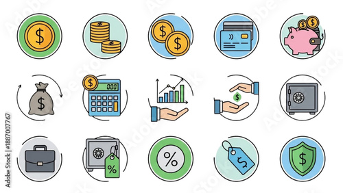 Collection of Finance and Banking Icons Representing Various Financial Transactions and Services