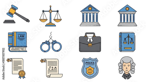 Graphic illustrations of law and justice icons displayed together on a clean white background from a straightforward viewpoint