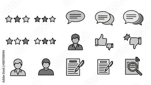 A set of icons representing communication, feedback, and documentation in a simple line style.