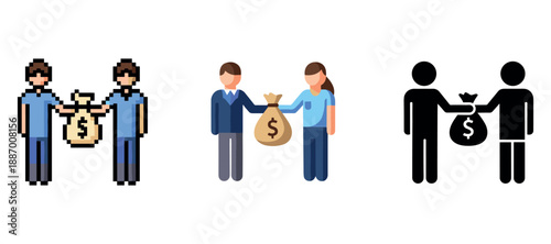 Pixelated and simplified people exchanging money bags