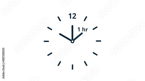 A close-up view of an analog clock face showing one o'clock in a modern environment