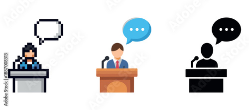 Diverse speaker icons: pixelated, vector, silhouette speaking at podium