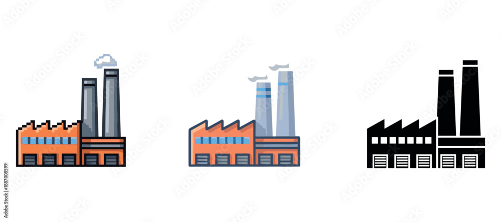 Obraz premium Stylized factory icons with smokestacks in color and silhouette versions
