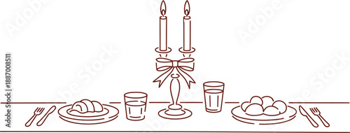 Elegant Hand-Drawn Table Setting with Candles, Plates, and Glasses