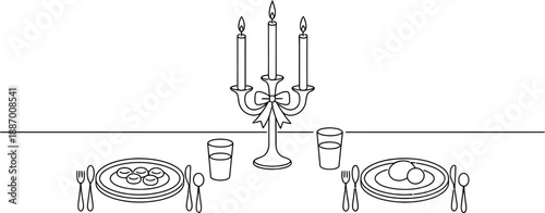 A Hand-Drawn Illustration of a Formal Table Setting with a Candlestick and Place Settings for Two