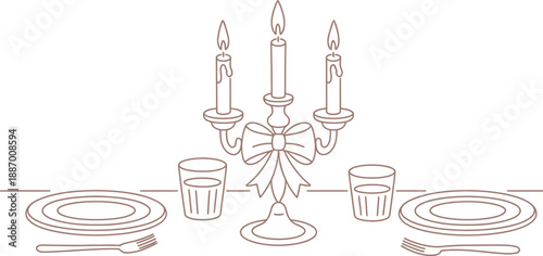 Elegant Hand-Drawn Dinner Table Setting with Lit Candelabra, Perfect for Romantic Evenings and Special Celebrations, Minimalist Line Art Illustration