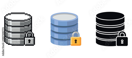 Database security icons: pixelated, flat, and silhouette styles with locked padlock