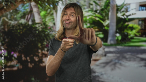 Fotografija Man with long blond hair making loser sign with hand in forest clearing with green foliage; mockery
