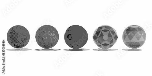 A series of spherical objects with varied surface textures and tones