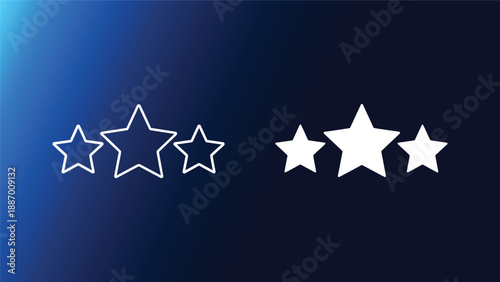 Rating system with five star icons on blue and black background for feedback and review concepts
