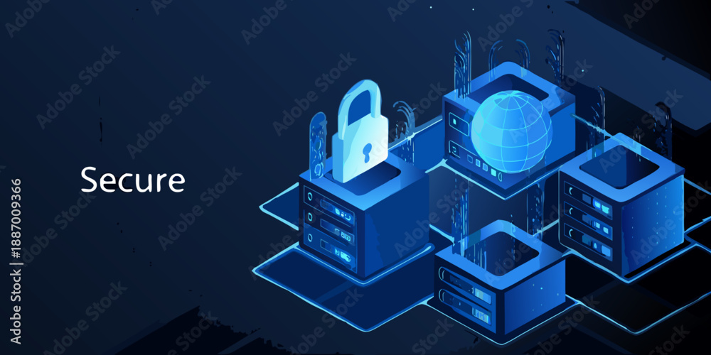 Naklejka premium Isometric depiction of digital security featuring a padlock and data servers