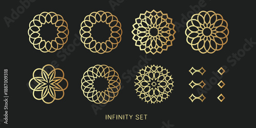 a collection of gold infinity symbols and mandalas on a black background