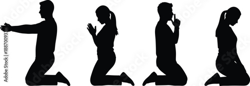 Black silhouettes of men and women in various kneeling poses including praying and gesturing for spiritual and mindfulness concepts
