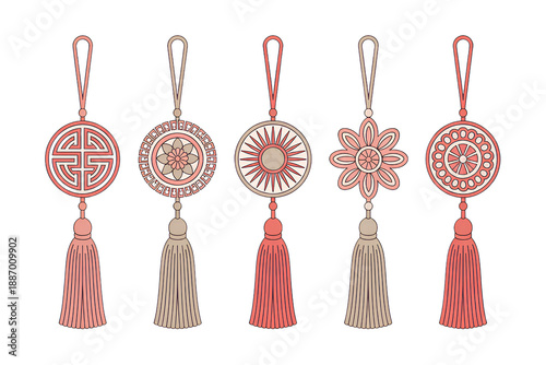 Set of traditional korean ornaments with tassels, oriental decorative elements isolated on transparent background.