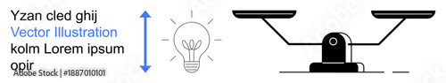 Innovation, decision-making, problem-solving, creativity, balance, equality. Minimalistic lightbulb and balance scale in black. Innovation and decision-making concept