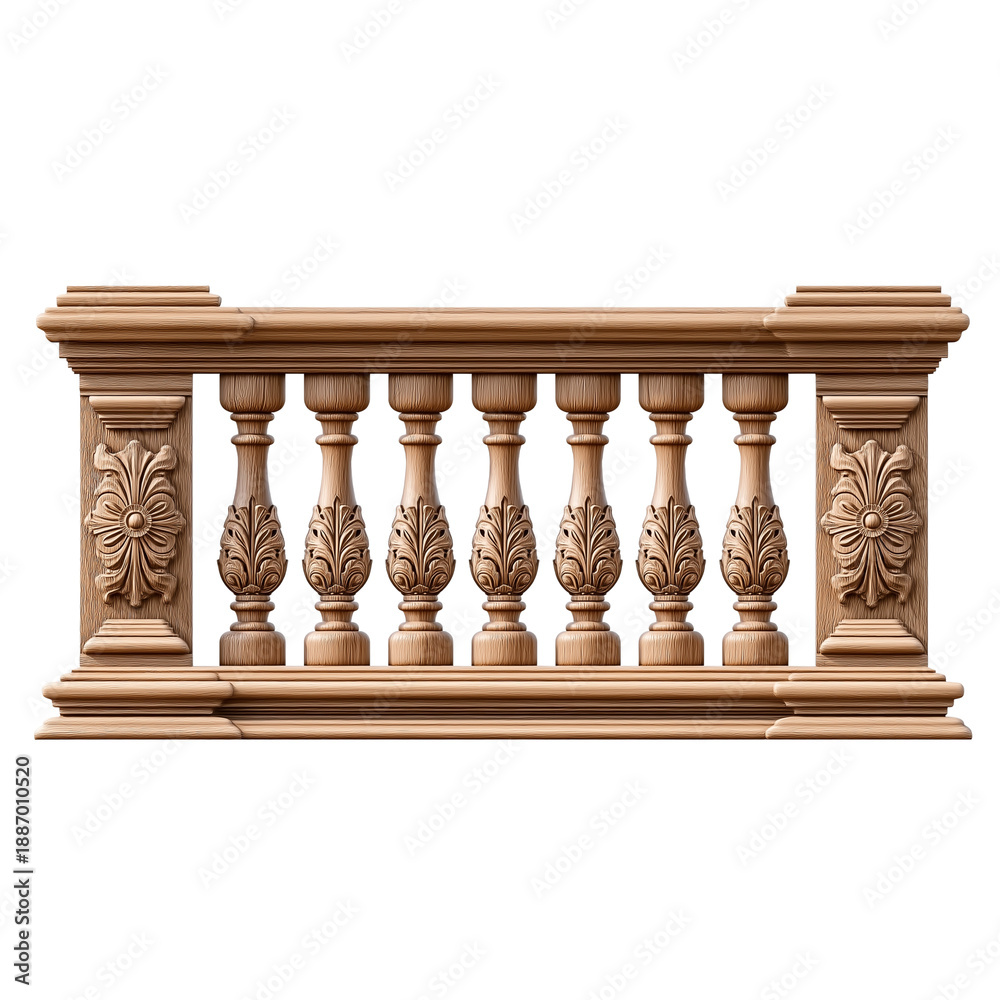 Naklejka premium Carved Wooden Balustrade with Leaf Motifs Keywords: balustrade, railing, wooden, carved, leaf isolated on a transparent background