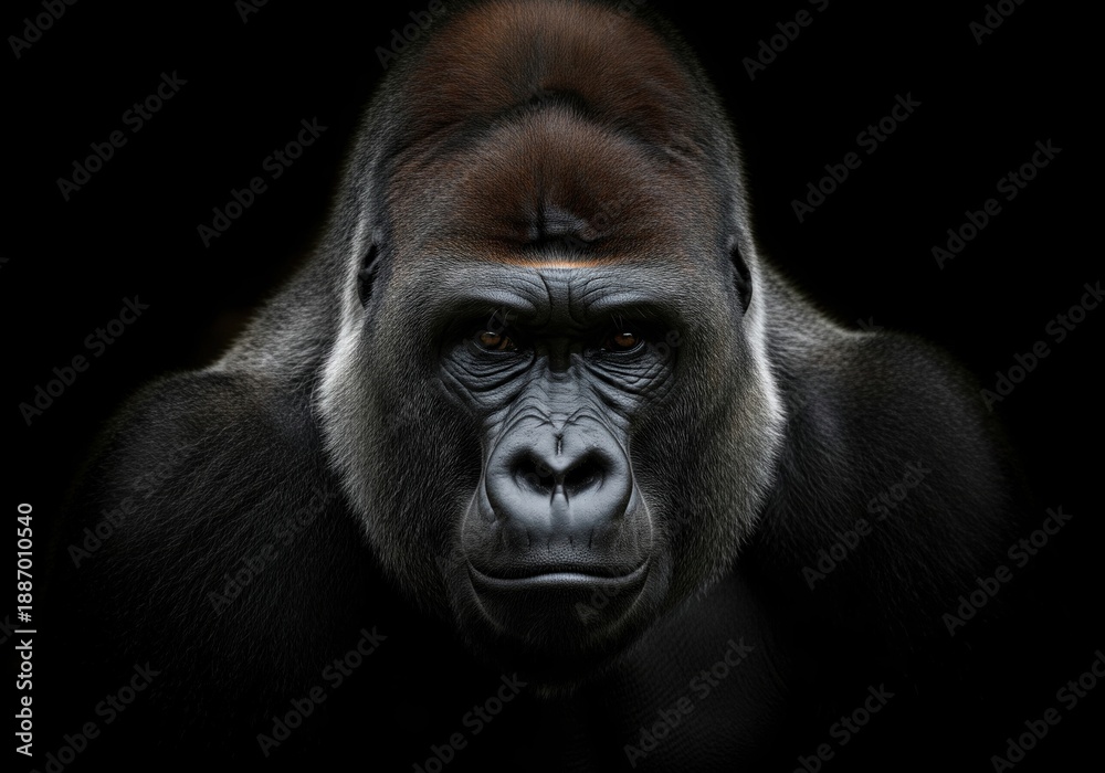Fototapeta premium Powerful silverback gorilla portrait looking directly at camera isolated on dark background