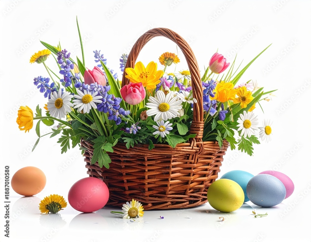 Obraz premium Vibrant Spring Flowers in Woven Basket with Colorful Easter Eggs