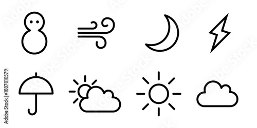 Weather and Celestial Outline Icons Collection Minimalist Forecast Symbols. Minimalist weather icons, monochrome style for apps and forecast. Set of icons depicting weather. Collection of weather icon