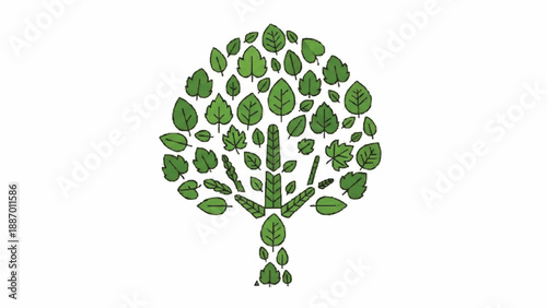 Creative illustration of a tree made entirely from a collage of various types of green leaves, forming a symbol of biodiversity and nature.