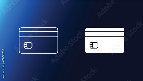 Two credit cards one outlined and one filled on a gradient blue background with pixelation effect symbolizing online payment and financial transactions