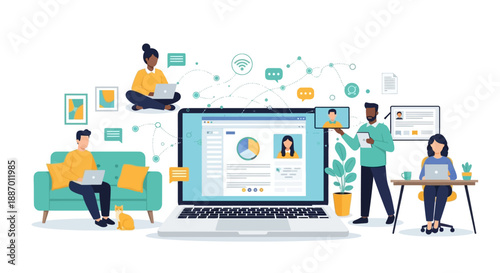 People collaborating and connecting online through a large laptop screen, showcasing remote work and digital networking.