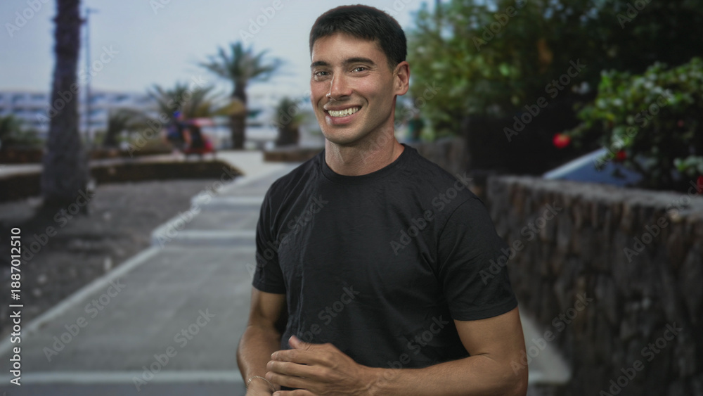 Fototapeta premium Man with open hands shrugging on a sunny city street lined with palm trees and a stone wall walkway; uncertainty.