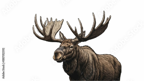 Detailed and realistic portrait illustration of a large bull moose with massive antlers, showcasing its powerful and majestic presence on white background.