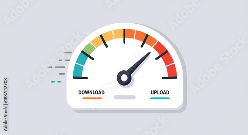 A graphic illustration of a speedometer gauge displaying internet connection speeds with a needle pointing to a high upload speed