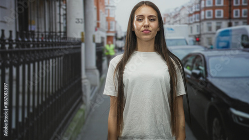 Woman with hands clasped praying on a street in a city near parked cars and an iron fence; reflection hope serene.