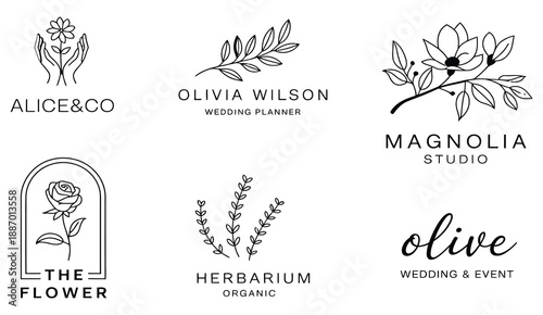 botanical bohemian logo, wedding chic design, line beauty leaf for cafe, photography, and design studio, floral monogram alphabet, simple logotype template set for branding, invitations, and creative.