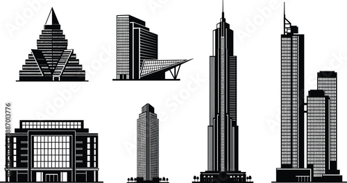 Set of black corporate building icons and modern skyscraper silhouettes isolated on white background for architecture urban city and real estate design