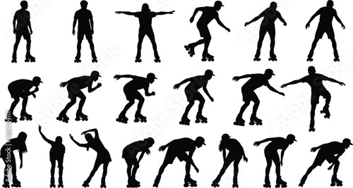 Black silhouettes of men and women rollerblading and inline skating in various active poses for outdoor sports and fitness concepts