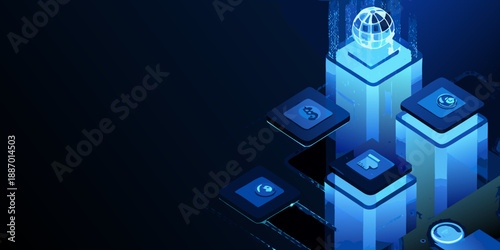 Abstract digital world with glowing structures and data connections blue tones