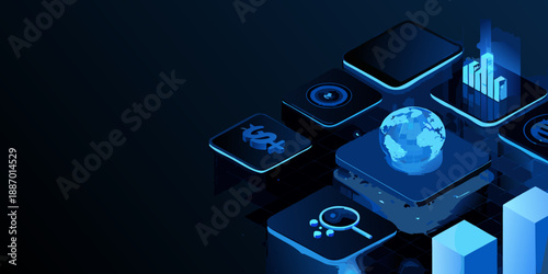 Isometric design showcasing global finance data analysis and technological innovation
