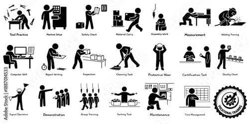技能習得と現場作業を示す職業訓練ピクトグラム集、Job Training and Skill Development Pictograms